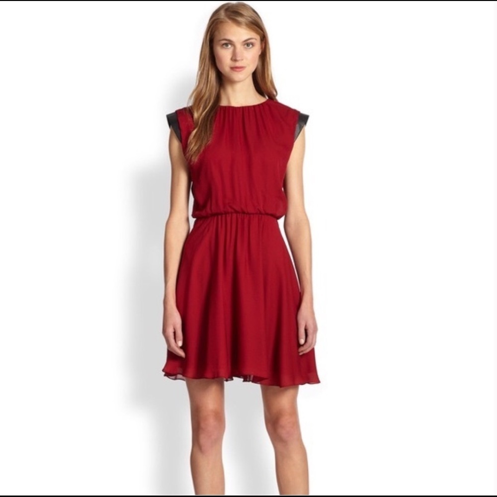 Alice and Olivia Red Cocktail Dress with Black Leather Trim